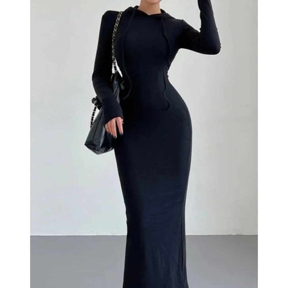 Commense NWT Women Black Drop Shoulder Drawstring Hooded Dress Loungewear Chic - Picture 2 of 12